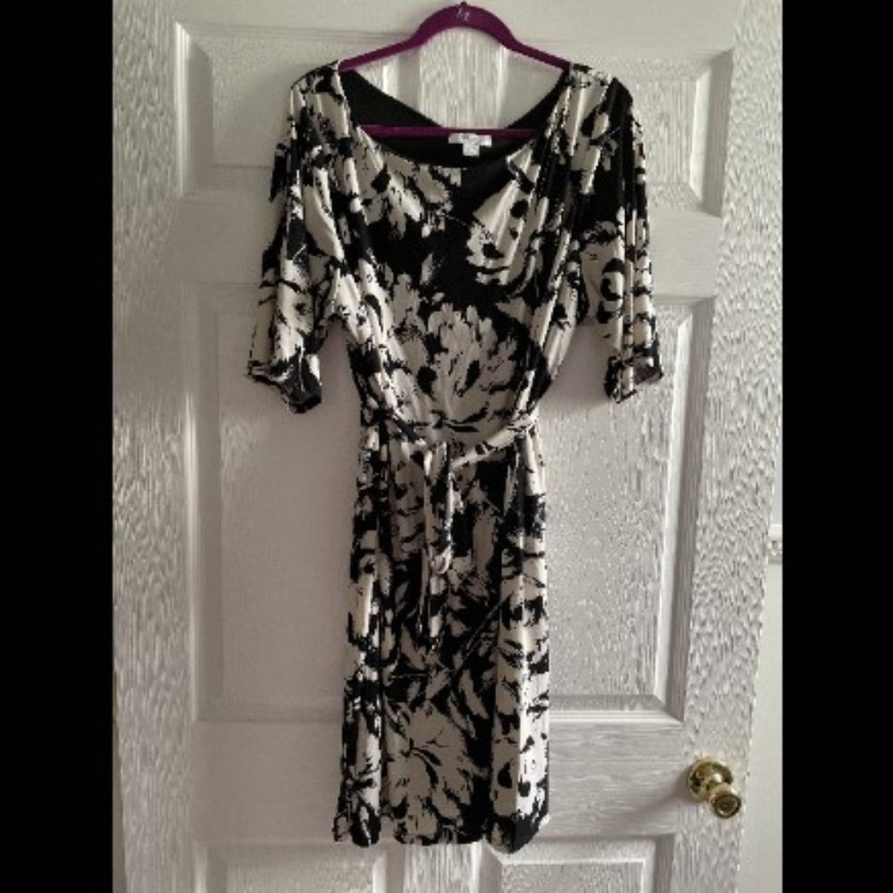 Black & Cream Print Dress with Wrap Belt - 22W
